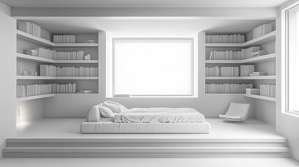 Cozy Bedroom Featuring a Plush Bed Surrounded by Stylish Shelves Filled with Books and Decorative Items Creating a Warm and Inviting Atmosphere for Rest and Relaxation in a Home Setting