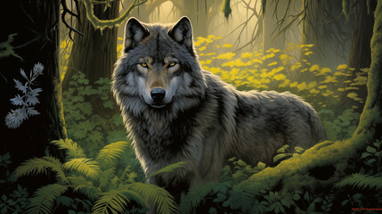 Dark Wolf Lurking in a Moonlit Forest Mysterious Nighttime Wildlife Art
