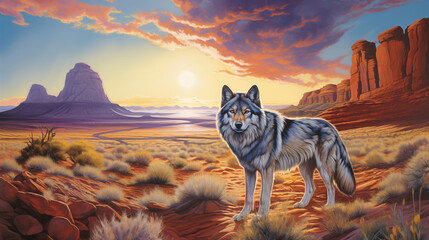 Desert Wolf Standing Among Red Rock Formations Southwestern Wildlife Artwork