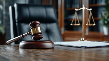 Exploring Justice Through the Symbolism of a Wooden Gavel and Scales of Justice Captured on a Serene Table with an Open Book