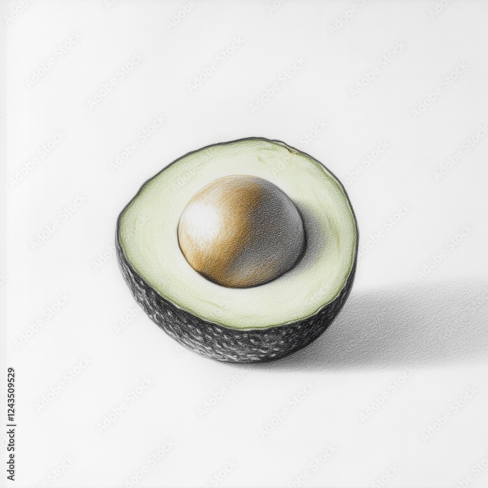 Poster Cut avocado with visible seed presented in detailed drawing on a clean backdrop