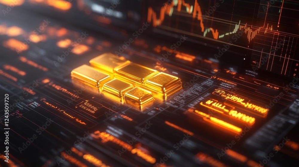 Poster creative layout showcasing glowing gold bars with digital elements highlighting financial data and t