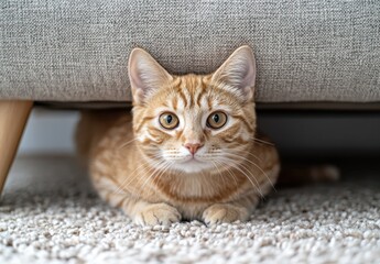 Adorable orange tabby cat lying on carpet, peeking from under sofa with curious expression and captivating eyes in cozy indoor environment