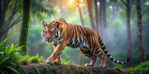 Obraz premium A majestic Malayan tiger stretches in a dense forest, its fur blending with the surroundings as it hunts for prey at dawn, nocturnal, hunting