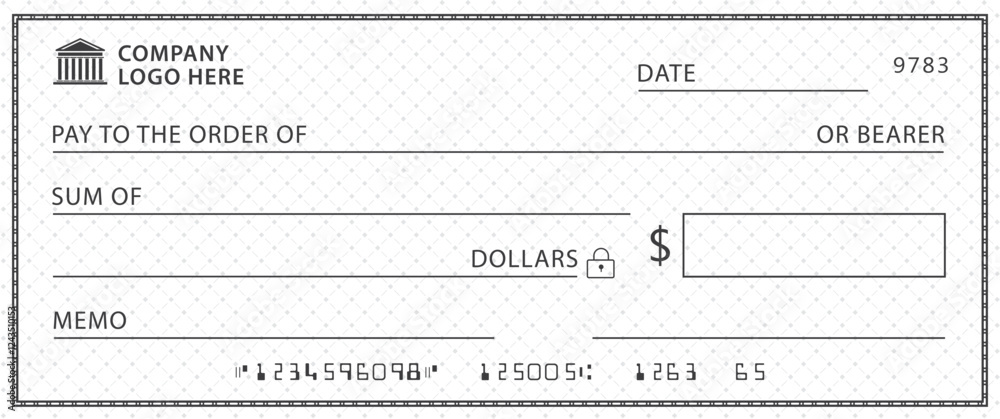 Wall mural empty money cheque. bank check. check book template with pattern and blank fields. currency payment 