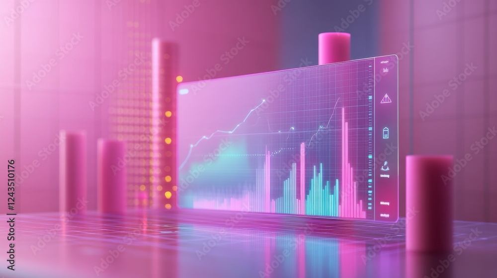 Poster a futuristic digital interface displays colorful graphs and data visualizations, symbolizing advance