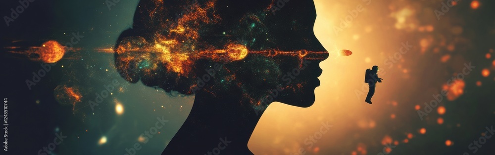 Aufkleber conceptual exploration of a woman's silhouette intertwined with cosmic elements and an astronaut in 