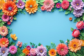 Obraz premium Colorful paper flowers with green leaves arranged on a blue background.