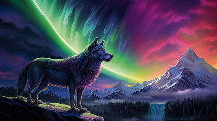 Mystical Wolf Under Aurora Borealis in the Mountains Magical Night Scene