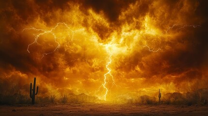 Fiery Desert Storm With Lightning And Silhouetted Cacti
