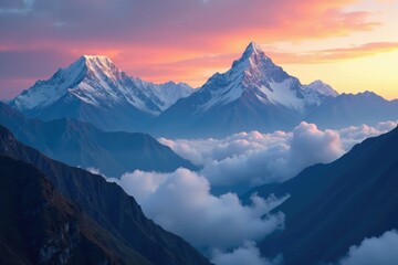 Majestic Himalayan peaks Annapurna IV and II shrouded in misty clouds at sunset, asia, mountains, clouds