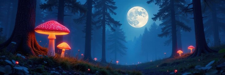 Mysterious forest at dusk with tall trees and glowing mushrooms, nature, night, moons