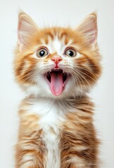 Fototapeta premium Adorable Orange Tabby Kitten with Open Mouth and Big Expressive Eyes on Light Background