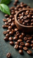 Fototapeta premium Raw coffee beans on a stone surface with a few leaves, natural texture, earthy