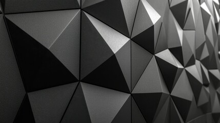 Obraz premium A dark, abstract black geometric surface with sharp, angular 3D shapes. Ideal for design, construction, or technology topics, offering a modern and sleek aesthetic for various projects.