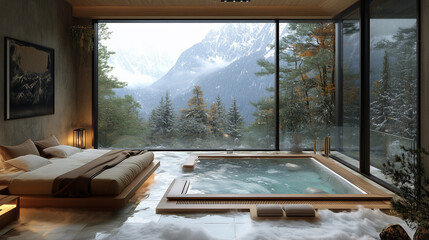 A serene spa room with a stunning mountain view, featuring a cozy bed and a luxurious hot tub immersed in a tranquil atmosphere