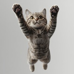Adorable playful kitten with expressive eyes jumping up with paws raised against a soft neutral background in a joyful and energetic pose