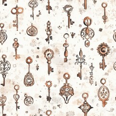 Calming doodle-style cartoon drawings of various decorative keys on a soft watercolor background