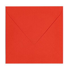 Top view of closed back from square red envelope. Isolated on a white background.