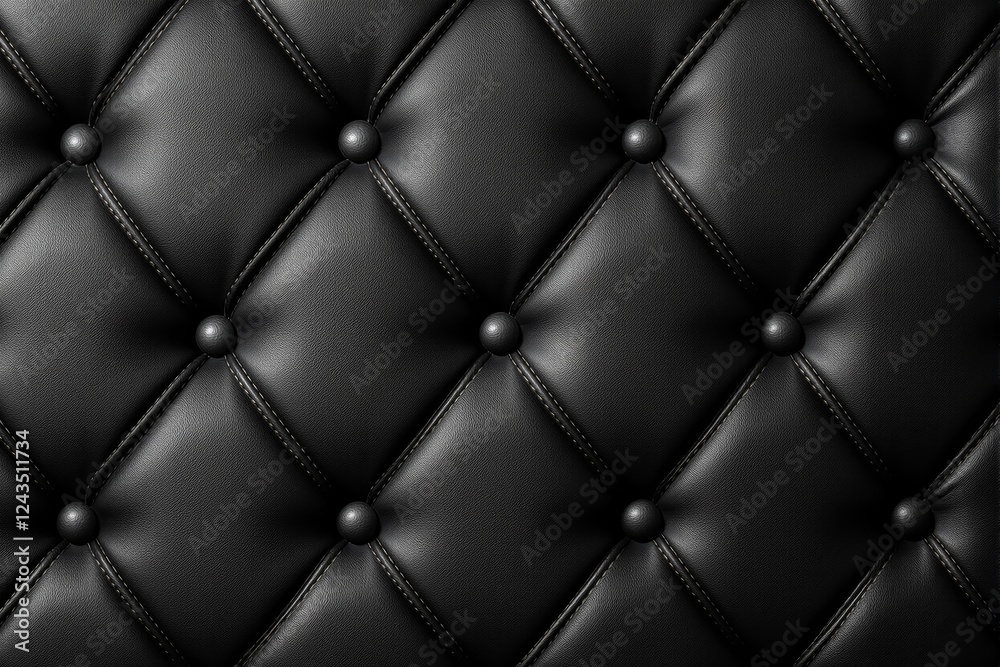Poster black leather tufted pattern with buttons, detailed texture, close-up view on a dark background.