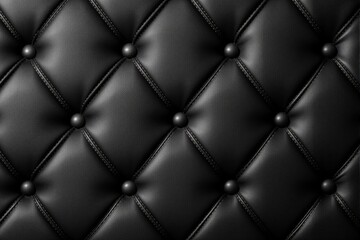 Fototapeta premium Black leather tufted pattern with buttons, detailed texture, close-up view on a dark background.