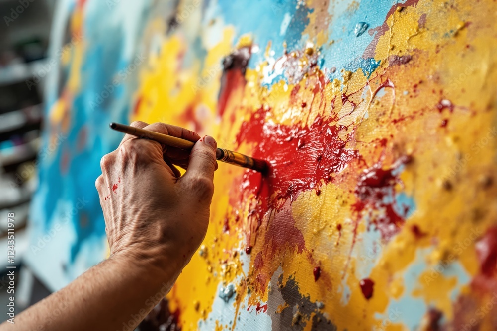 Poster close-up of a hand painting an abstract artwork on canvas with vibrant colors.