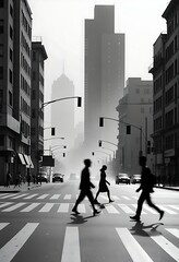 Obraz premium Urban Silhouettes at Crosswalk in Foggy Cityscape