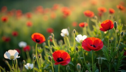 Obraz premium small white and red poppy flowers scattered on the ground, flower, white