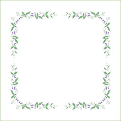 Elegant green vegetal ornamental frame with leaves and purple flowers, decorative border, corners for greeting cards. Isolated vector illustration