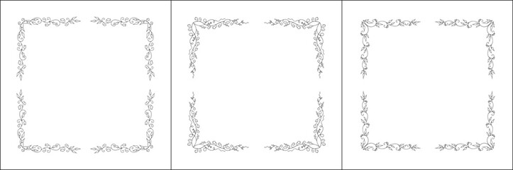 Set of three vector decorative frames, vegetal ornamental frame with flowers, decorative border, corners, black and white. Isolated vector illustration.