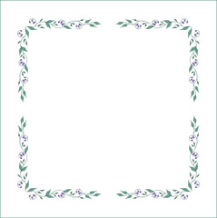 Elegant green vegetal ornamental frame with leaves and purple flowers, decorative border, corners for greeting cards. Isolated vector illustration