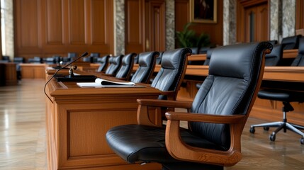Fototapeta premium A Detailed Overview of a Wooden Desk with a Black Leather Chair in a Judicial Setting Featuring Gavel and Scales of Justice for Legal Professionals and Concepts