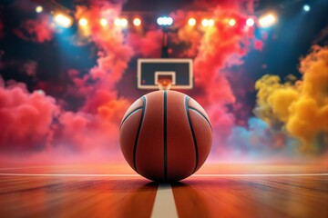 Obraz premium Basketball on court with colorful smoke and bright lights in the background.