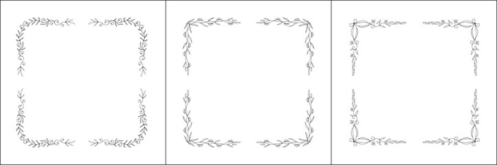 Set of three vegetal vector frames with forest flowers and leaves. Black and white. Vector frame for all sizes and formats. Isolated vector illustration.