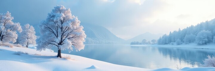 Snowy lake with a single snow-covered tree in front, winter wonderland, wintery peace