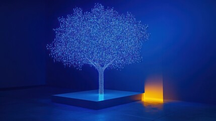 Digital tree glowing, dark room, future tech, website banner