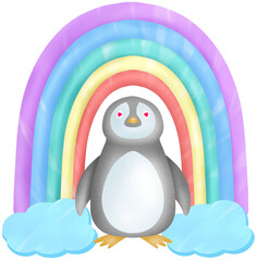 Cute pastel black baby penguin with rainbow