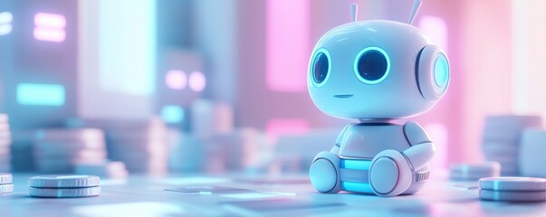 A cute, futuristic robot with large eyes sits amidst glowing pastel backgrounds and coins, evoking a playful, tech-inspired atmosphere.