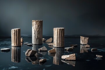 Ancient broken stone pillars scattered across reflective dark surface.  
