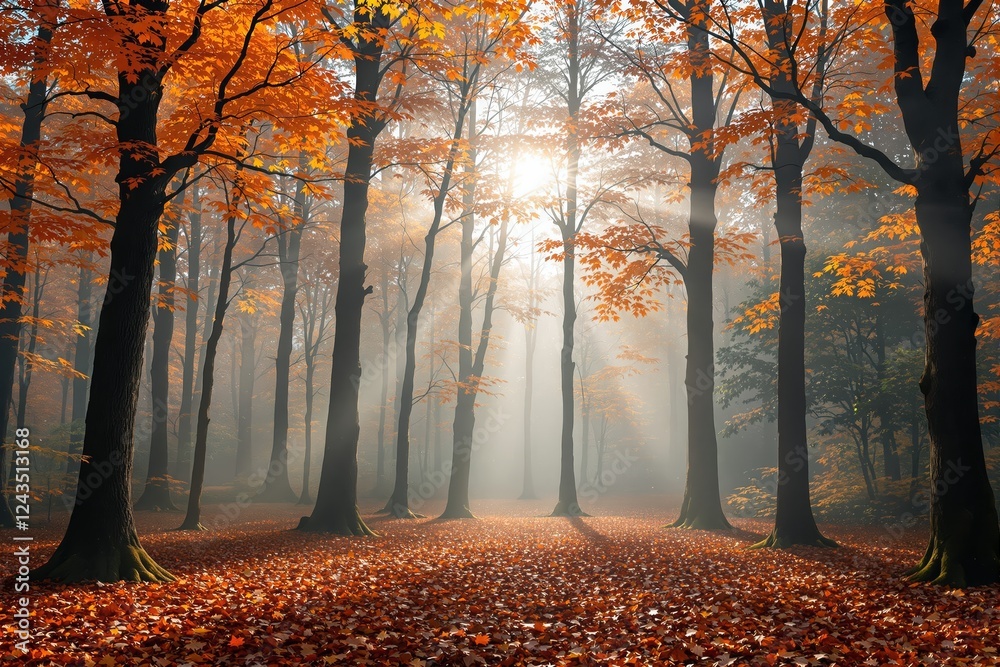Poster autumn forest with sunlight streaming through trees and orange leaves on the ground.