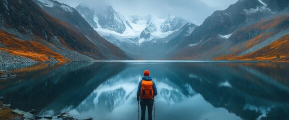 Hiker Contemplates Mountain Lake Reflection