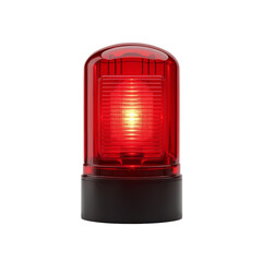 Bright red emergency warning light features a transparent dome with a glowing amber bulb visible on a clean white background, ideal for safety scenarios