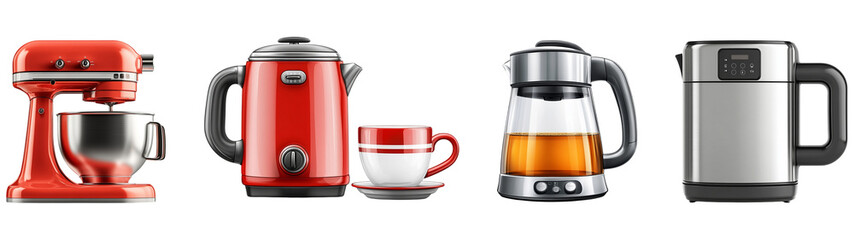 Obraz premium Kitchen Appliances: Stand Mixer, Kettle, Tea Maker, and Electric Kettle