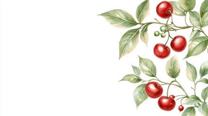 Closeup of ripe red cherries on a branch with lush green leaves, summer delight