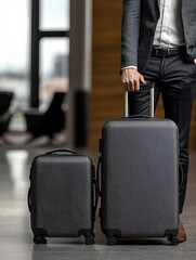 Business Trip concept. A stylish businessman holds two sleek, textured suitcases, one large and one small, in a modern, well-lit airport setting.