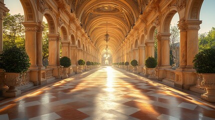Fototapeta premium Sunlit grand arcade with columns, arches, and potted plants.