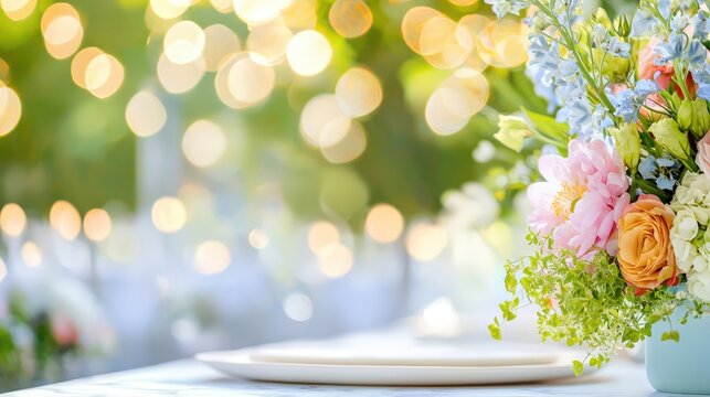 Elegant floral table setting for spring event with soft bokeh lights in background showcasing romantic ambiance and pastel colors perfect for wedding, garden party or design project