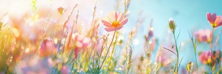 Vibrant summer wildflowers in soft focus design for seasonal poster bright pink orange tones capturing warm sunny field creating dreamy nature scene celebrating summer's beauty