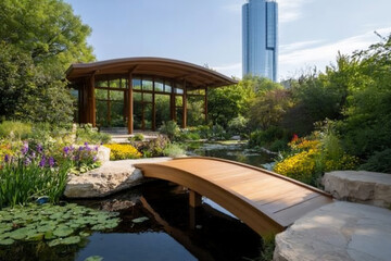 Fototapeta premium P A peaceful garden bridge over a stream with