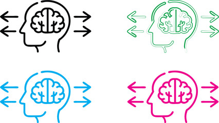 Minimalist line drawings, human head profiles, brain icons, directional arrows, conceptual thinking visualization, black white blue green pink color scheme, simple geometric shapes, cognitive processe